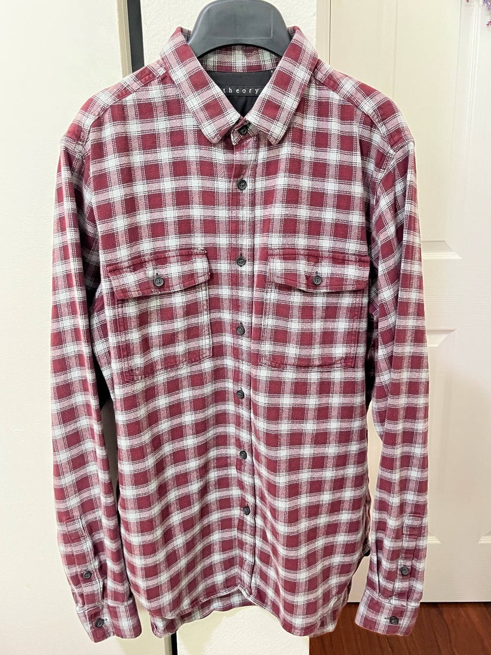 Theory Men’s Burgundy and White Plaid Button-Down Shirt